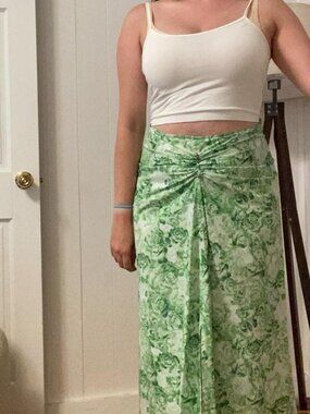 GANNI Green Rose Print Cotton Maxi Skirt Gathered Front Size EU 36 / US 4